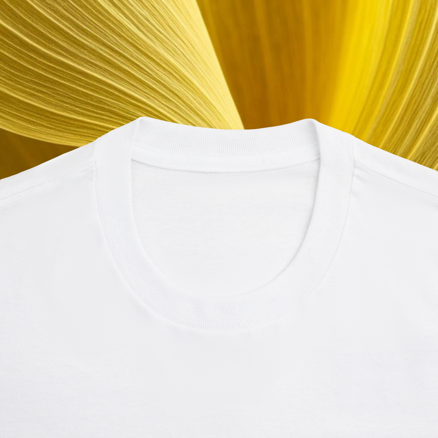 neck label of a white cotton t-shirt on a yellow acacia background, spiritual fashion innovative brand Neo Revelation