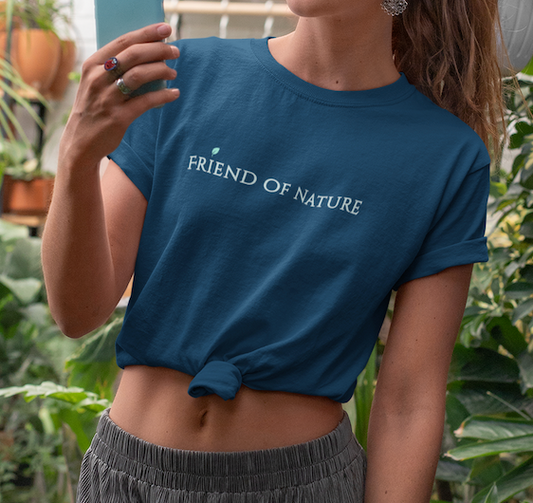 blue t-shirt with the text printed " friend of nature" with a small lave on the I letter. white color text, for eco living style unisex garment spiritually designed