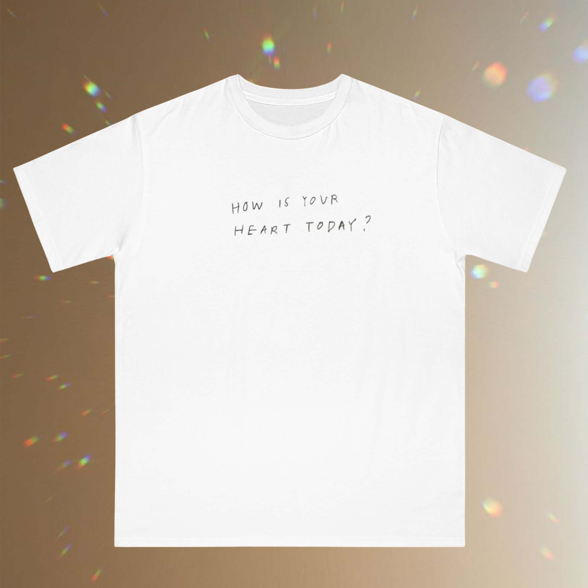 white cotton t-shirt with the hand written saying ' how is your heart today?' in black pen unisex aesthetic raw minimalism style
