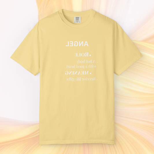 soft yellow t-shirt 100% cotton tee with the graphic written in reverse mirrored 'angel' signification text in white on a light yellow white ethereal background spiritually designed clothing line fashion 2026
