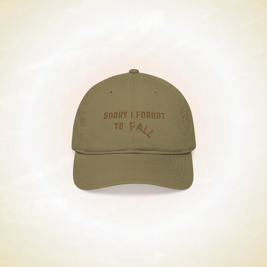 baseball cap to protect crown chakra gainst spiritual attacks, negative interference, negative energies, mental fatigue, it's a brown jungle color cap in organic cotton presented on a white background with the statement 'sorry i forgot to fall' timeless fashion and high frequency accessories