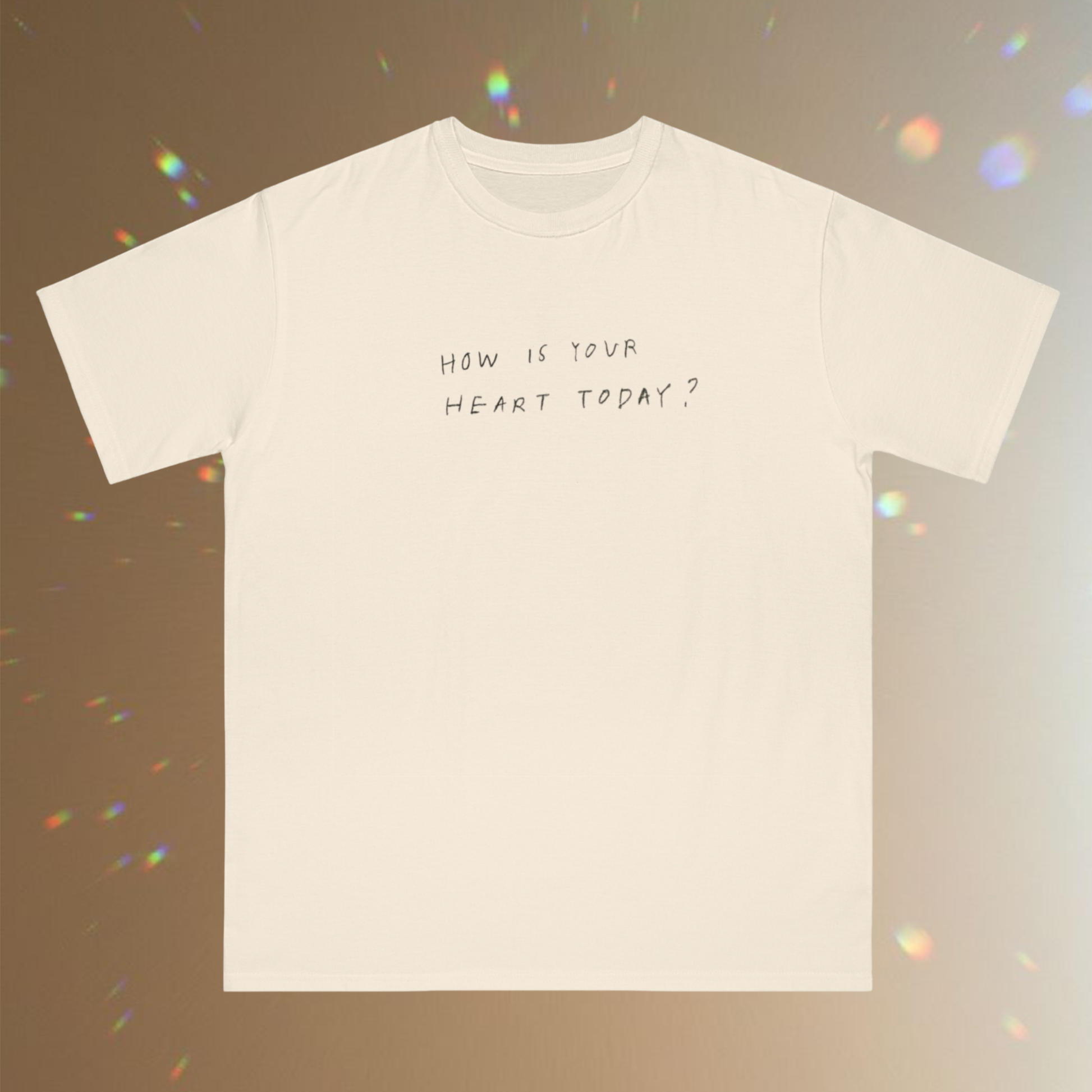 white cream t-shirt with the quote ' how is your heart today' in black color hand written unisex aesthetic raw minimalist style 