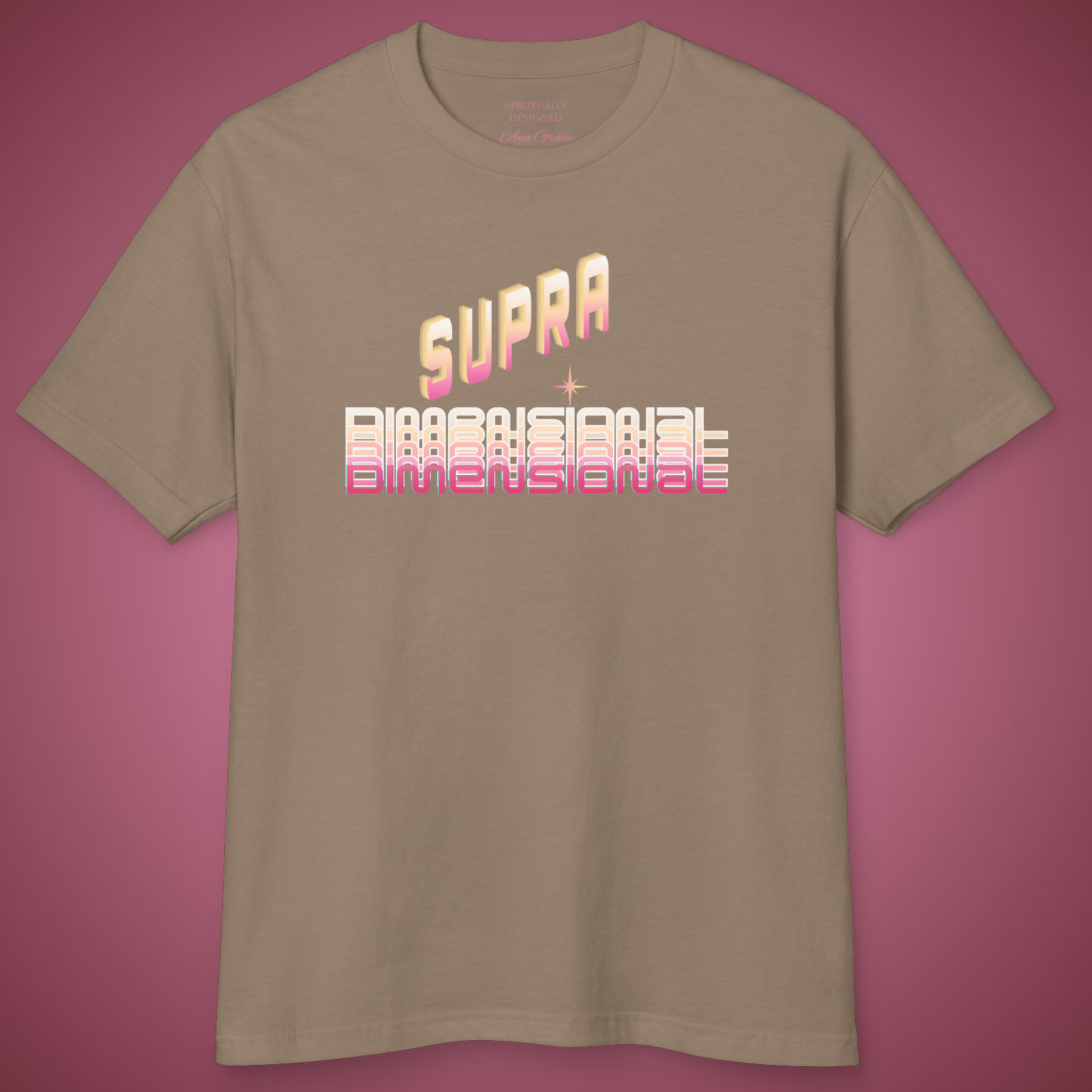 brown t-shirt with text printed minimalist style in beige and pink " SUPRA dimensional" unisex cut spiritual style on soft red burgundy background