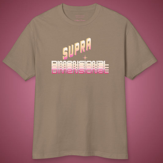 brown t-shirt with text printed minimalist style in beige and pink " SUPRA dimensional" unisex cut spiritual style on soft red burgundy background