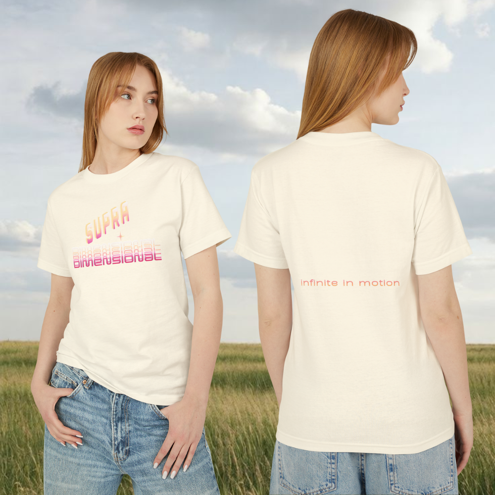Ana Grâce t-shirts wore by two females models in a natural environement, the t-shirts are white cream printed with the text " SUPRA dimensional" in soft pink. spiritual  futuristic brand