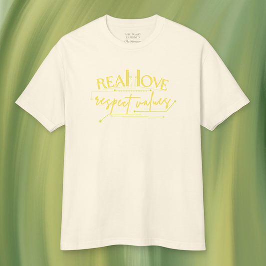 white cream shirt with a yellow acacia tones ligh graphic the sentence 'real love respect values' on a green light background minimalist style unisex cut adult size cotton textile 2026 spring innovative spiritual concept : energy infused clothes spiritual statements