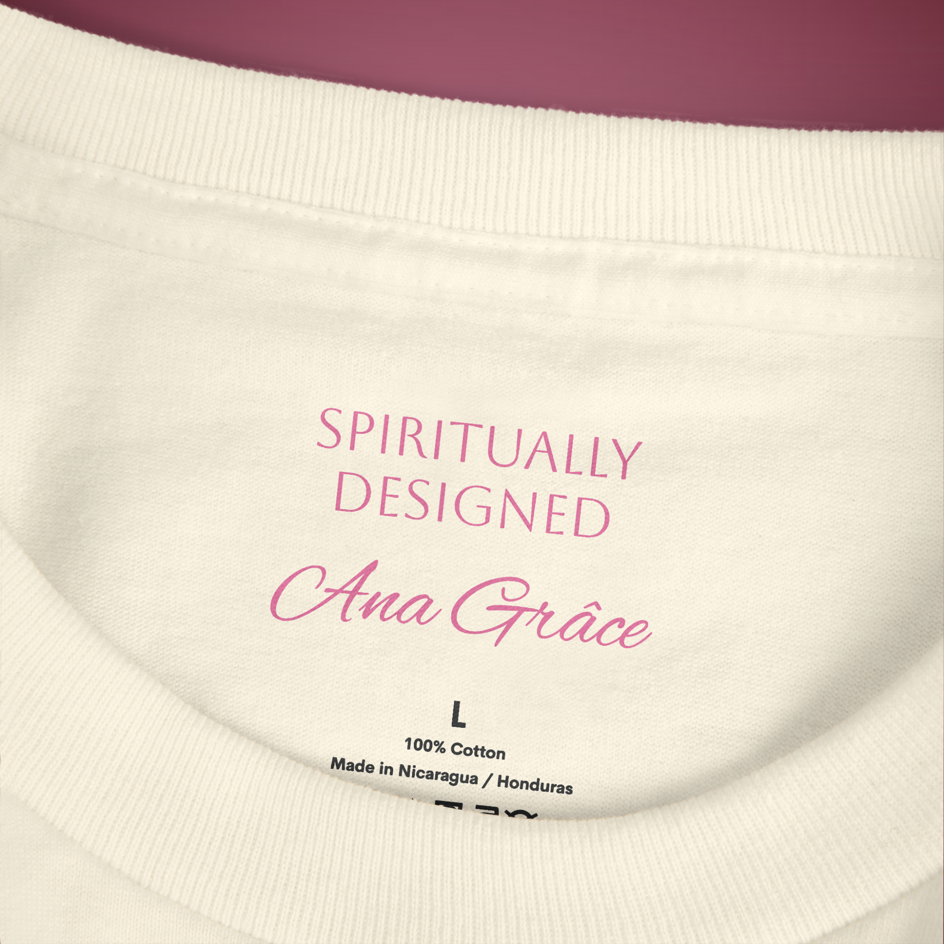 neck label view printed with the text "spiritually designed" and "Ana Grâce" 