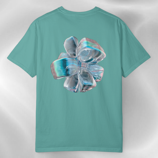 turquoise t-shirt 2026 trend with abstract lookalike ice graphic futuristic style on the back shirt, on a white grey background  minimalist style, spiritually designed fashion 
