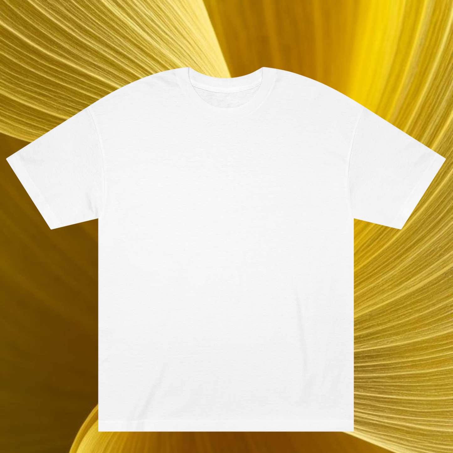 white cotton tee back view on a yellow ethereal spiritual minimalist background. Neo Revelation is a innovative spiritual brand of fashion clothes spiritual energy informed t-shirts
