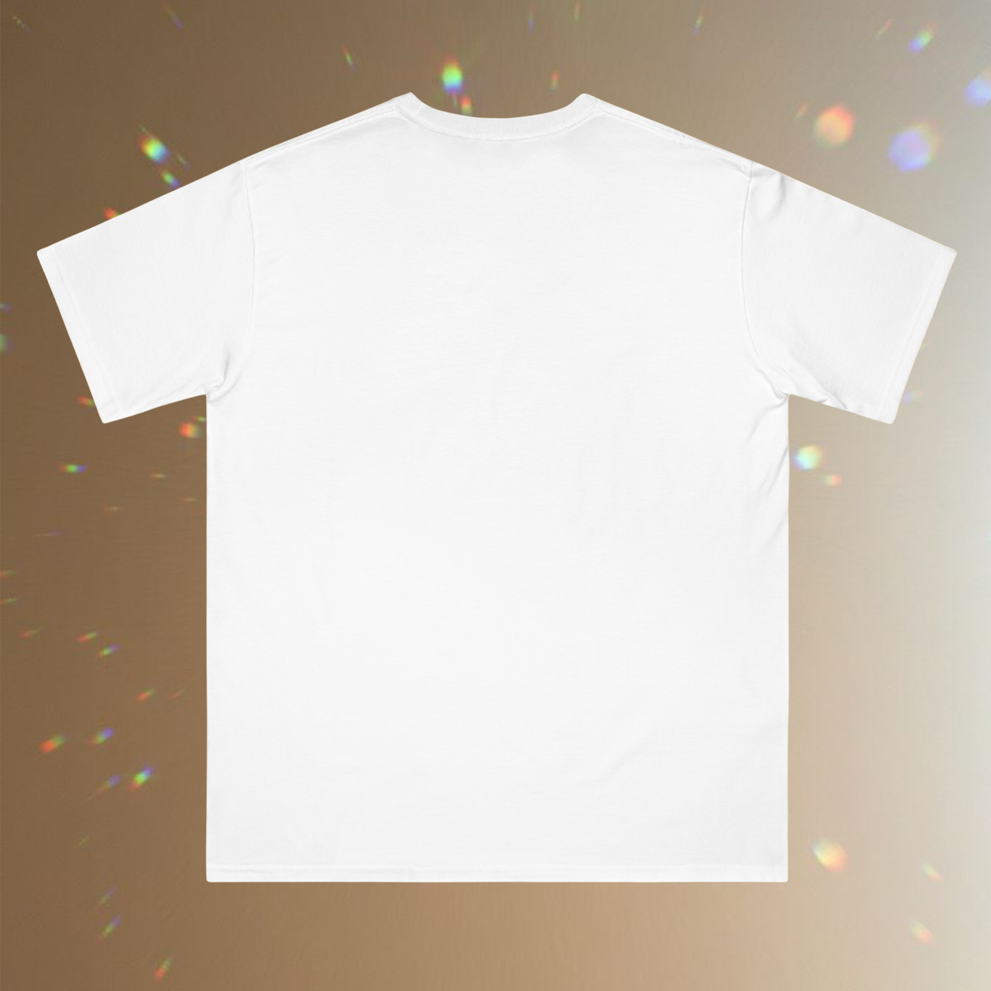 white cotton t-shirt unisex style on a brown background with multi color point of lights